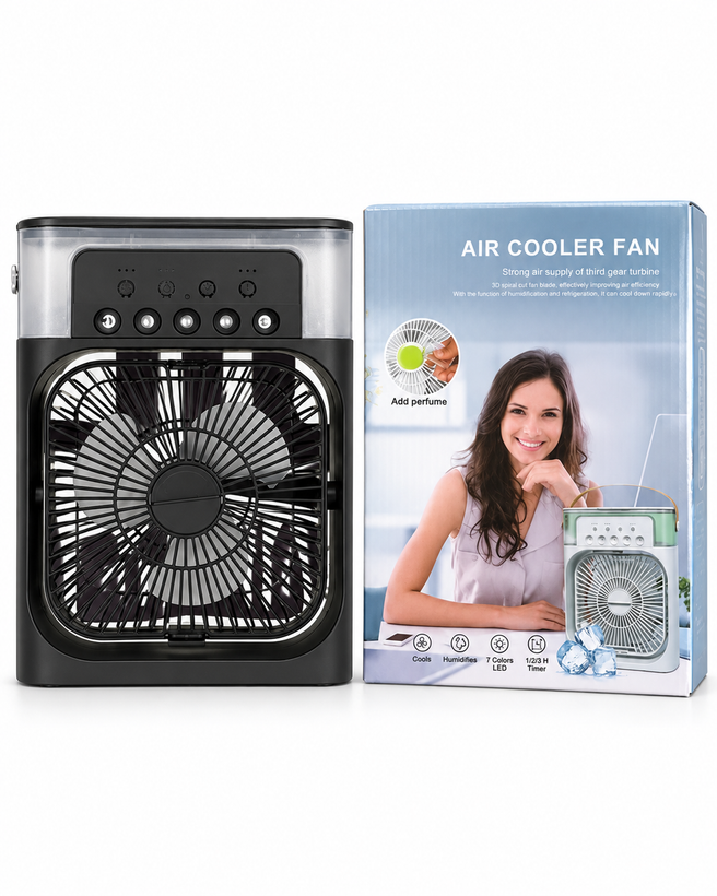 پنکه مهپاش و رطوبتساز رومیزی مدل Air Cooler با مخزن آب و چراغ